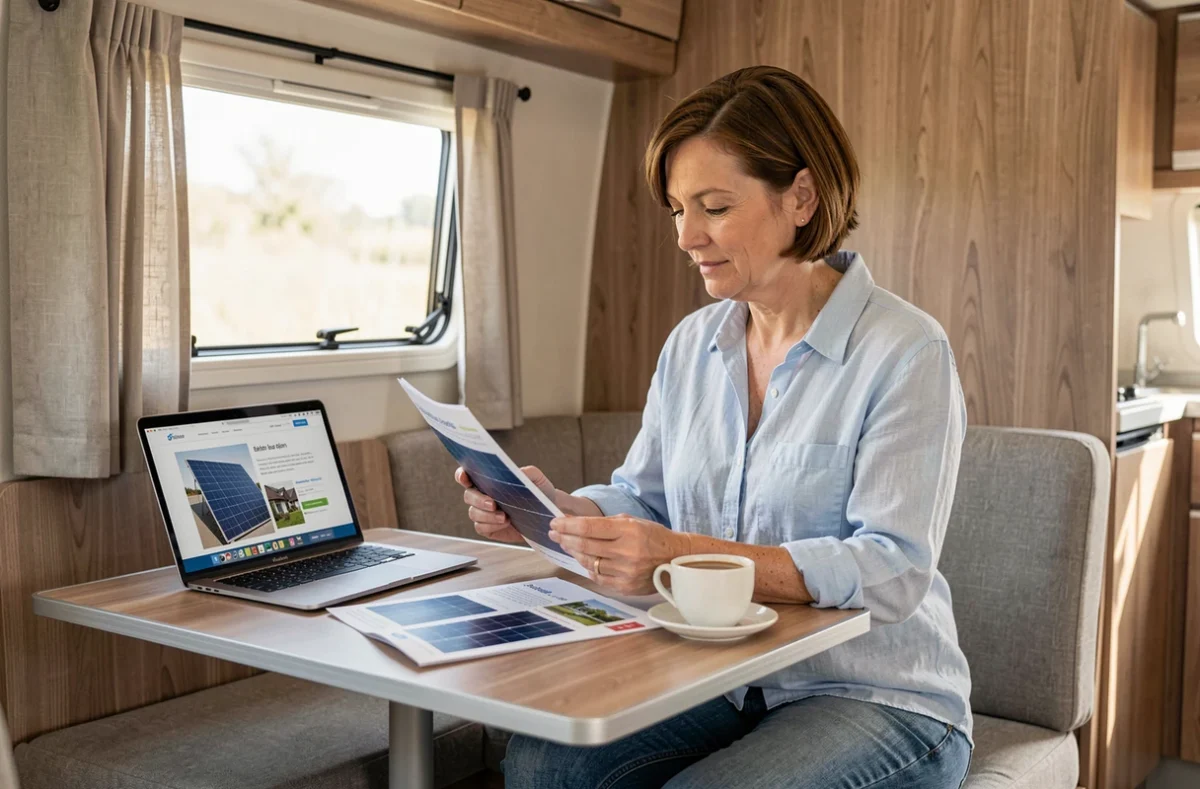 Femme comparant des brochures de panneaux solaires pour caravane à l'intérieur d'un camping-car moderne