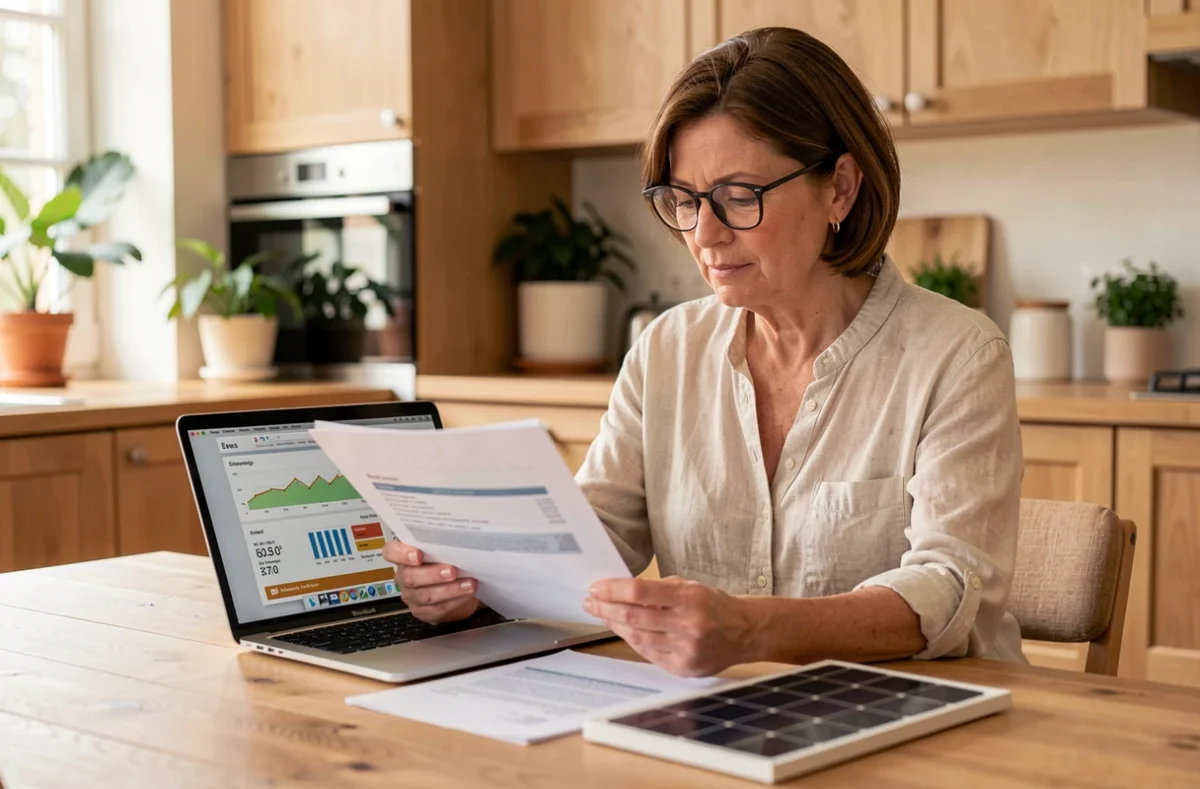 Femme consultant des documents sur le coût des panneaux solaires polycristallins dans une cuisine moderne