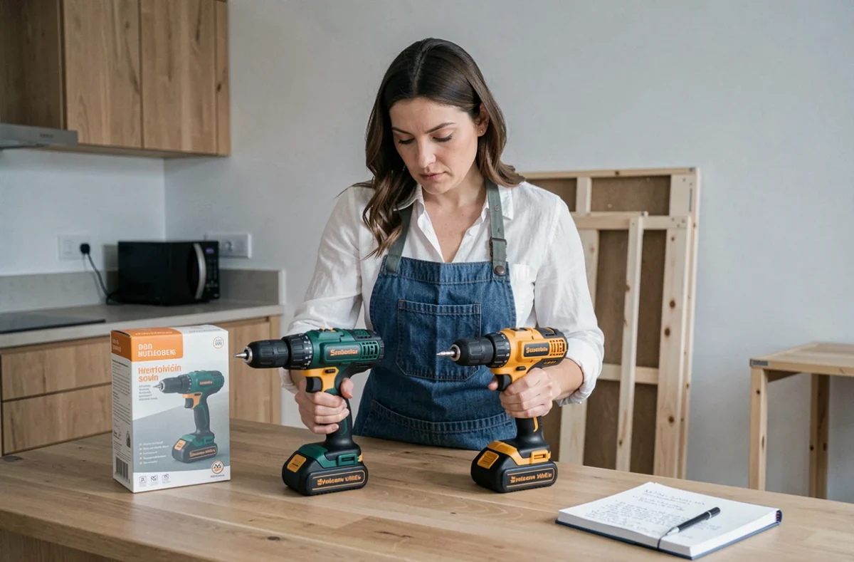 Femme comparant deux modèles de visseuses sans fil sur un îlot de cuisine lors de travaux à domicile