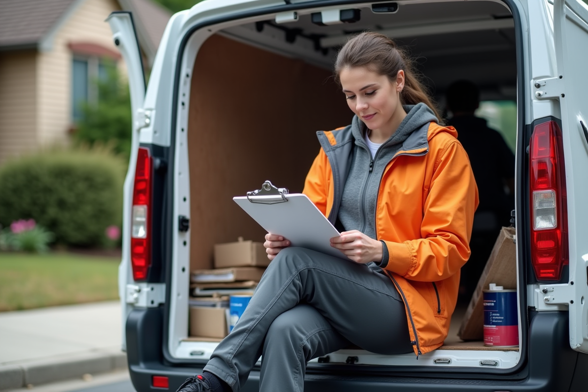 Femme entrepreneur vérifiant devis devant sa camionnette