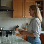 Femme en jeans et chemise à rayures dans une cuisine chaotique