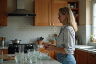 Femme en jeans et chemise à rayures dans une cuisine chaotique