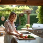 Femme souriante préparant des légumes dans une cuisine extérieure