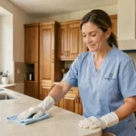 Femme de ménage professionnelle nettoyant un plan de travail dans une cuisine moderne du Pays de Gex