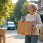 Femme d'âge moyen souriante portant une boîte dans une rue résidentielle