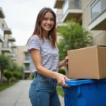 Jeune femme recyclant des cartons devant un immeuble