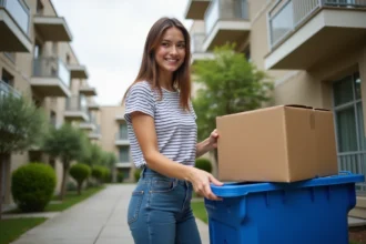 Jeune femme recyclant des cartons devant un immeuble