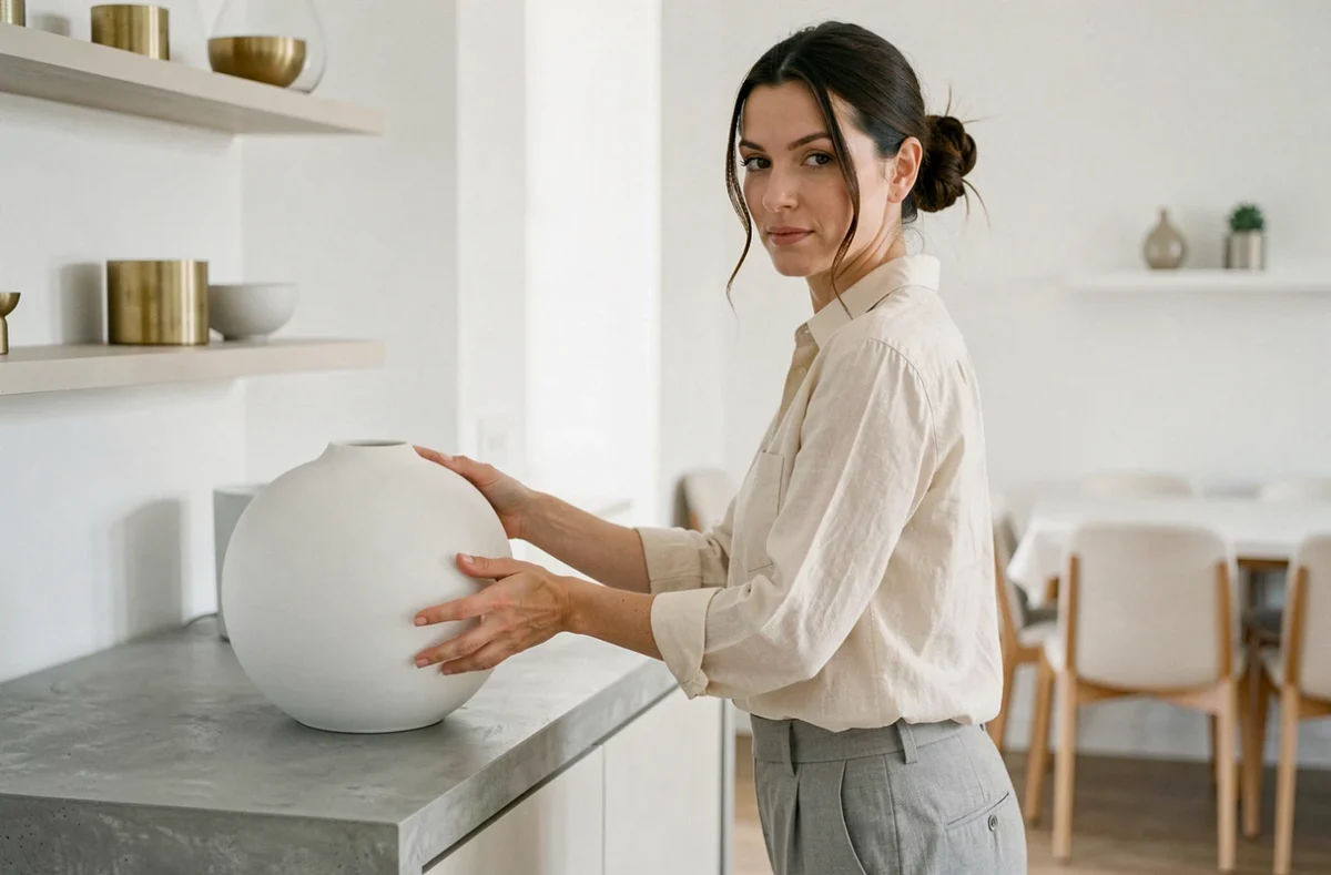 Femme disposant un vase blanc dans une salle à manger selon les couleurs Feng Shui du secteur Ouest