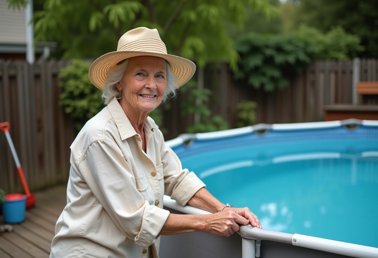 Femme âgée souriante près de la piscine dans le jardin