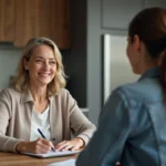 Femme souriante en cuisine lors d'une discussion professionnelle