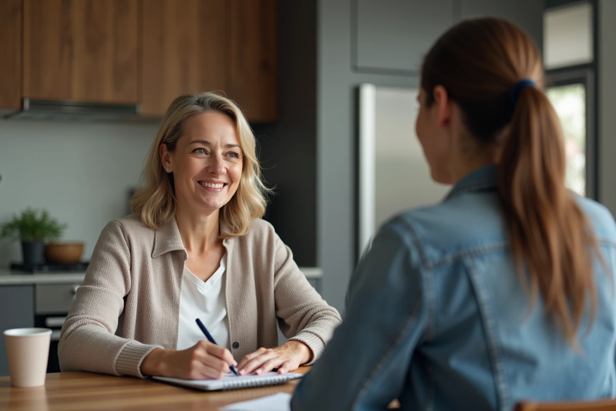 Femme souriante en cuisine lors d'une discussion professionnelle