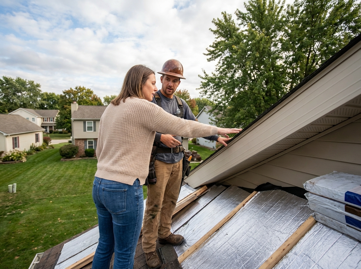 Femme parlant avec un couvreur sur le toit