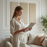 Femme élégante examinant des échantillons de peinture murale dans un salon moderne