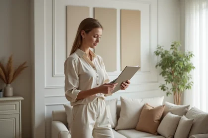 Femme élégante examinant des échantillons de peinture murale dans un salon moderne