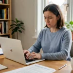 Femme concentrée qui envoie un email de contact depuis son bureau à domicile pour obtenir une réponse rapide