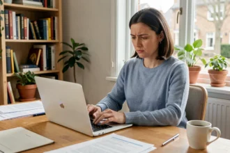 Femme concentrée qui envoie un email de contact depuis son bureau à domicile pour obtenir une réponse rapide