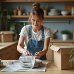 Femme emballant des assiettes avec du papier recyclé dans une cuisine chaleureuse