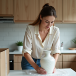 Femme emballant un vase en céramique dans une cuisine moderne
