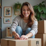 Femme souriante emballant une boîte dans un salon chaleureux