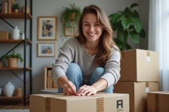 Femme souriante emballant une boîte dans un salon chaleureux