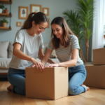 Jeune femme emballant une grande boîte dans un appartement cosy