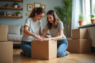 Jeune femme emballant une grande boîte dans un appartement cosy
