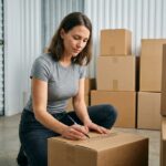 Femme étiquetant des cartons dans un box de stockage moderne lors d'un déménagement