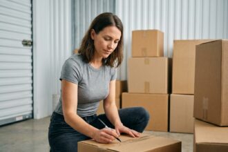 Femme étiquetant des cartons dans un box de stockage moderne lors d'un déménagement