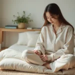 Jeune femme en loungewear plie un futon dans un appartement minimaliste