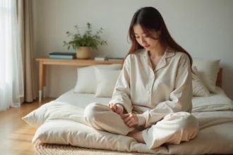 Jeune femme en loungewear plie un futon dans un appartement minimaliste