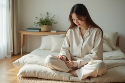 Jeune femme en loungewear plie un futon dans un appartement minimaliste