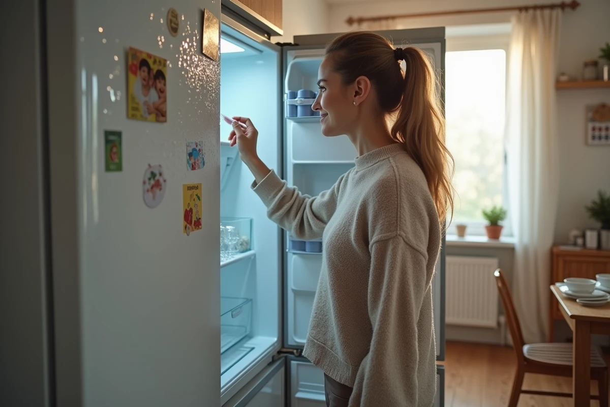Femme examinant la formation de givre dans le congélateur
