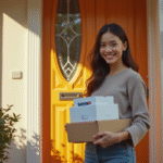 Jeune femme souriante devant la porte avec lettres et colis