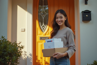 Jeune femme souriante devant la porte avec lettres et colis