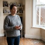 Femme inquiète près d'une fenêtre cassée à la maison
