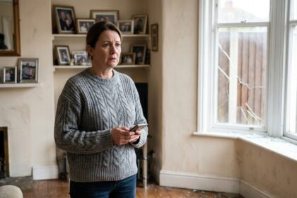 Femme inquiète près d'une fenêtre cassée à la maison