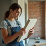 Femme en salopette examine une plaque d'isolation murale
