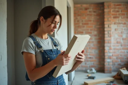 Femme en salopette examine une plaque d'isolation murale