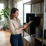 Femme en blouse beige arrangeant des livres dans une bibliothèque industrielle