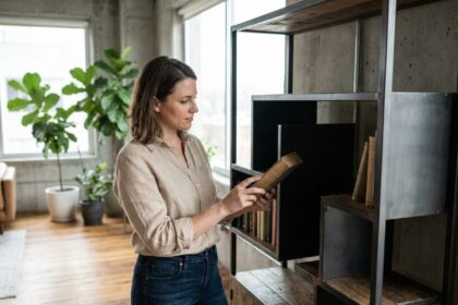 Femme en blouse beige arrangeant des livres dans une bibliothèque industrielle