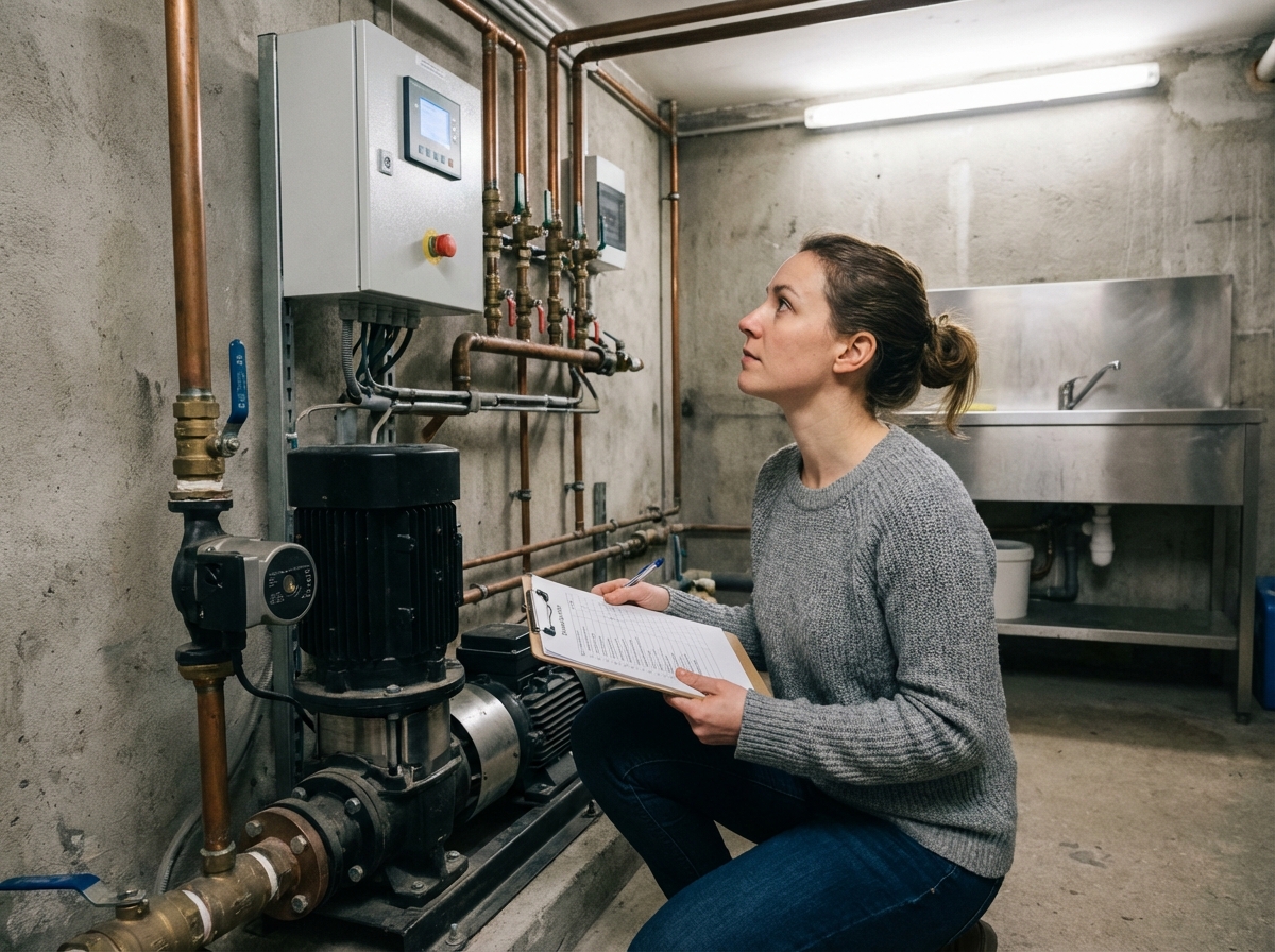 Femme vérifiant une pompe dans un local technique intérieur