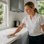 Femme de ménage professionnelle nettoyant un plan de travail dans une cuisine moderne du Val-d'Oise