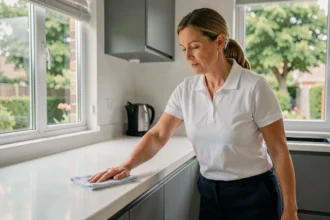 Femme de ménage professionnelle nettoyant un plan de travail dans une cuisine moderne du Val-d'Oise