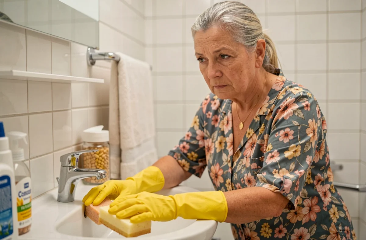 Femme de ménage expérimentée nettoyant un lavabo de salle de bain avec des gants en caoutchouc dans un intérieur français