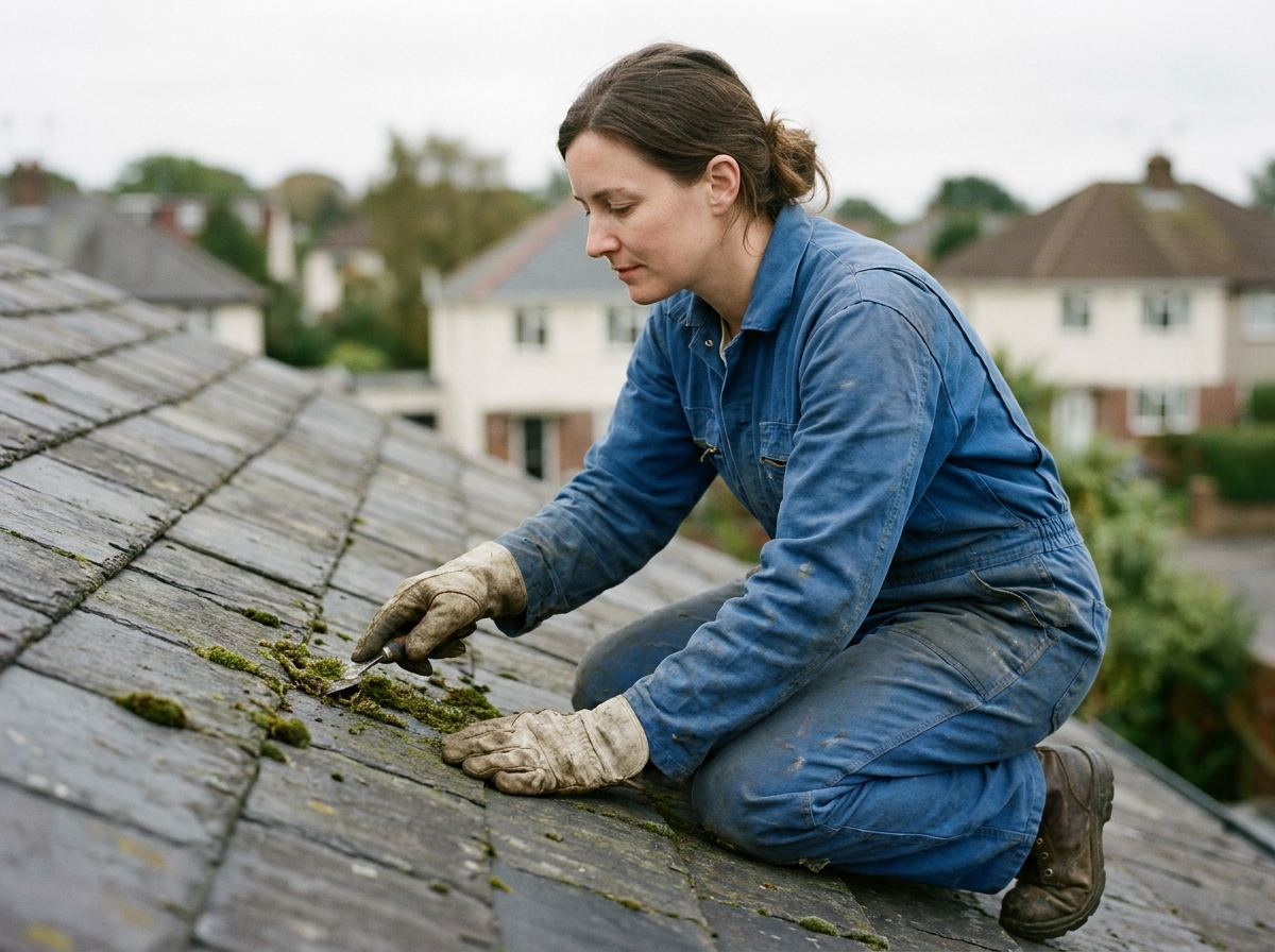 Femme nettoyant des tuiles en ardoise sur un toit résidentiel