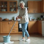 Femme d'âge moyen nettoyant la cuisine avec une serpillière