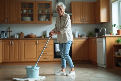 Femme d'âge moyen nettoyant la cuisine avec une serpillière