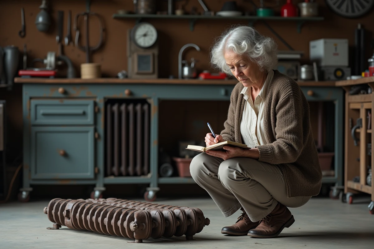 Femme âgée notant des chiffres près d’un radiateur en garage