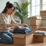 Femme pliant des vêtements dans un salon lumineux