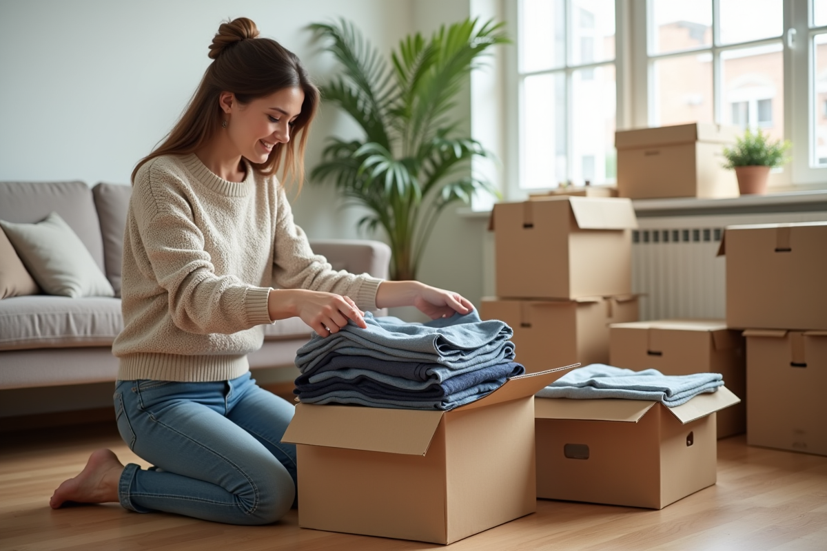 Femme pliant des vêtements dans un salon lumineux